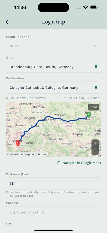 Milea trip route map with a live mileage deduction