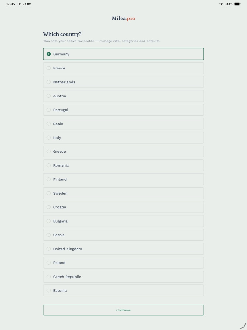 Choosing a country in Milea's onboarding